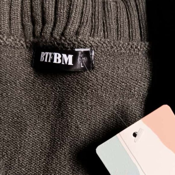 BTFBM V-Neck Collared Stretchy Knit Mini Sweater Dress Balloon Sleeve - Picture 4 of 5